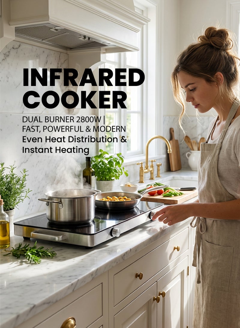 TEAM Infrared Cooker Dual Burner | 2800W High‑Power Electric Hot Plate | Black Crystal Plate | LED Display | Touch & Knob Control | 10 Temperature Levels | 3‑Hour Timer | Fast & Even Heating - Image 2